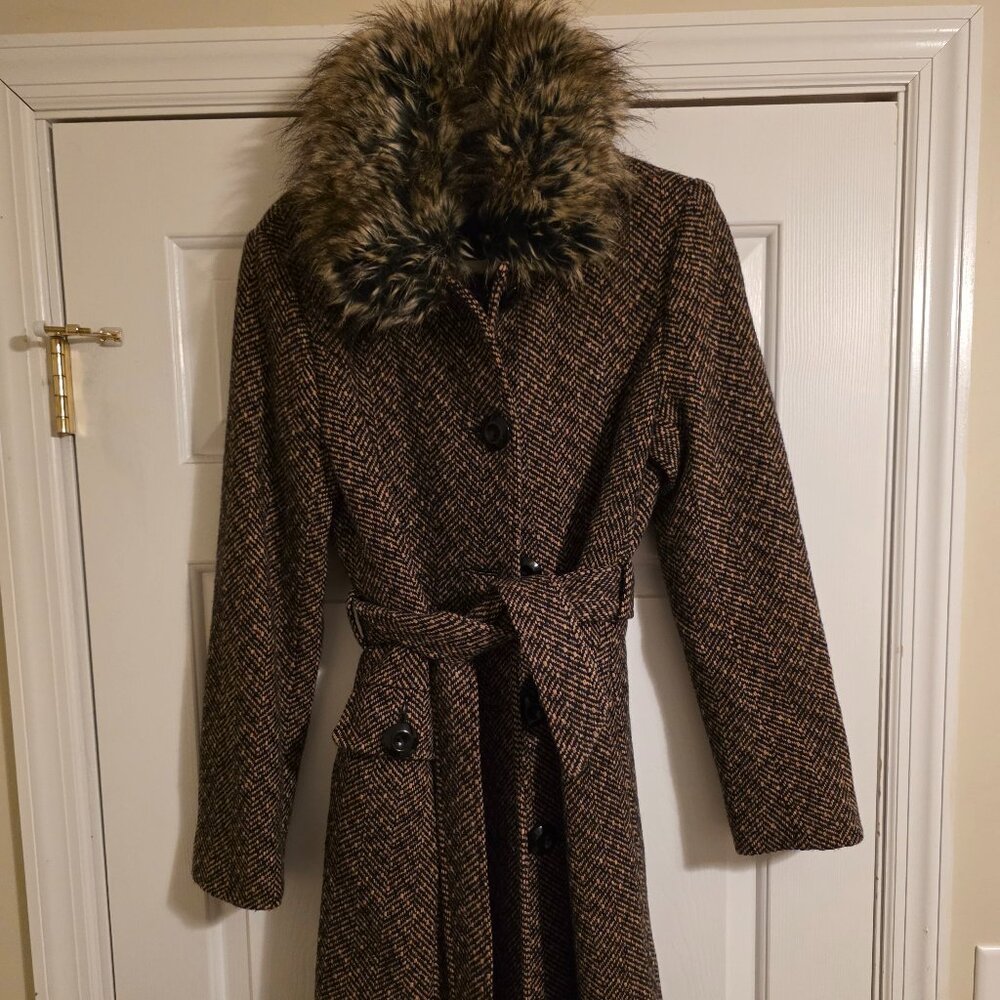 NWOT Apt. 9 Herringbone Wool-Blend Belted Trench Coat with Faux Fur Collar - S